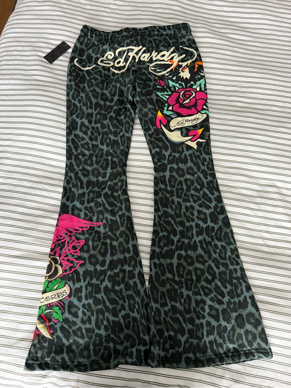Ed Hardy Green Leopard Print Flare Joggers with Pink Rose Graphic